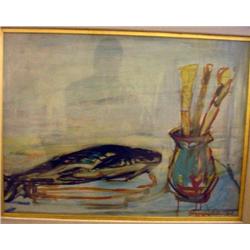  Mme Cretien Colombe  oil on board,  Still life of a fish and vase of brushes,  signed and dated 191