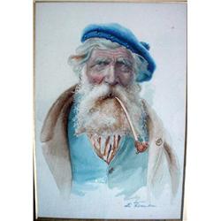  E.Firoentina  watercolour,  Elderly pipe smoker,  signed,  15 x 22 ins.   