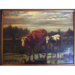  H. Dupont (19th C.)  oil on canvas,  Cattle in a meadow,  signed,  16 x 21 ins.   