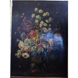  18th C. Dutch School  oil on canvas,  Still life of flowers in an urn upon a ledge,  39.5 x 29.5 in