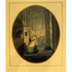  William Payne (1760-1830)  watercolour,  Girl at confession,  Oval, 5.75 x 4.5 ins.   