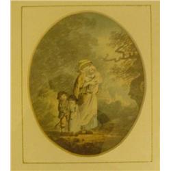  William Payne (1760-1830)  watercolour,  Woman and children in a landscape,  Oval, 5.75 x 4.5 ins. 