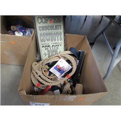 BOX OF REINS, SUSPENDERS, SIGN, HAT PROTECTORS, ETC