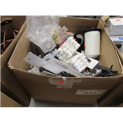 BOX OF THREAD, BRUSHES, SHOE PROTECTION, ASSORTED SHOE PRODUCTS