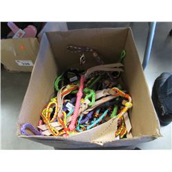 BOX OF ASSORTED COLOURFUL RIDING QUIRTS, ETC