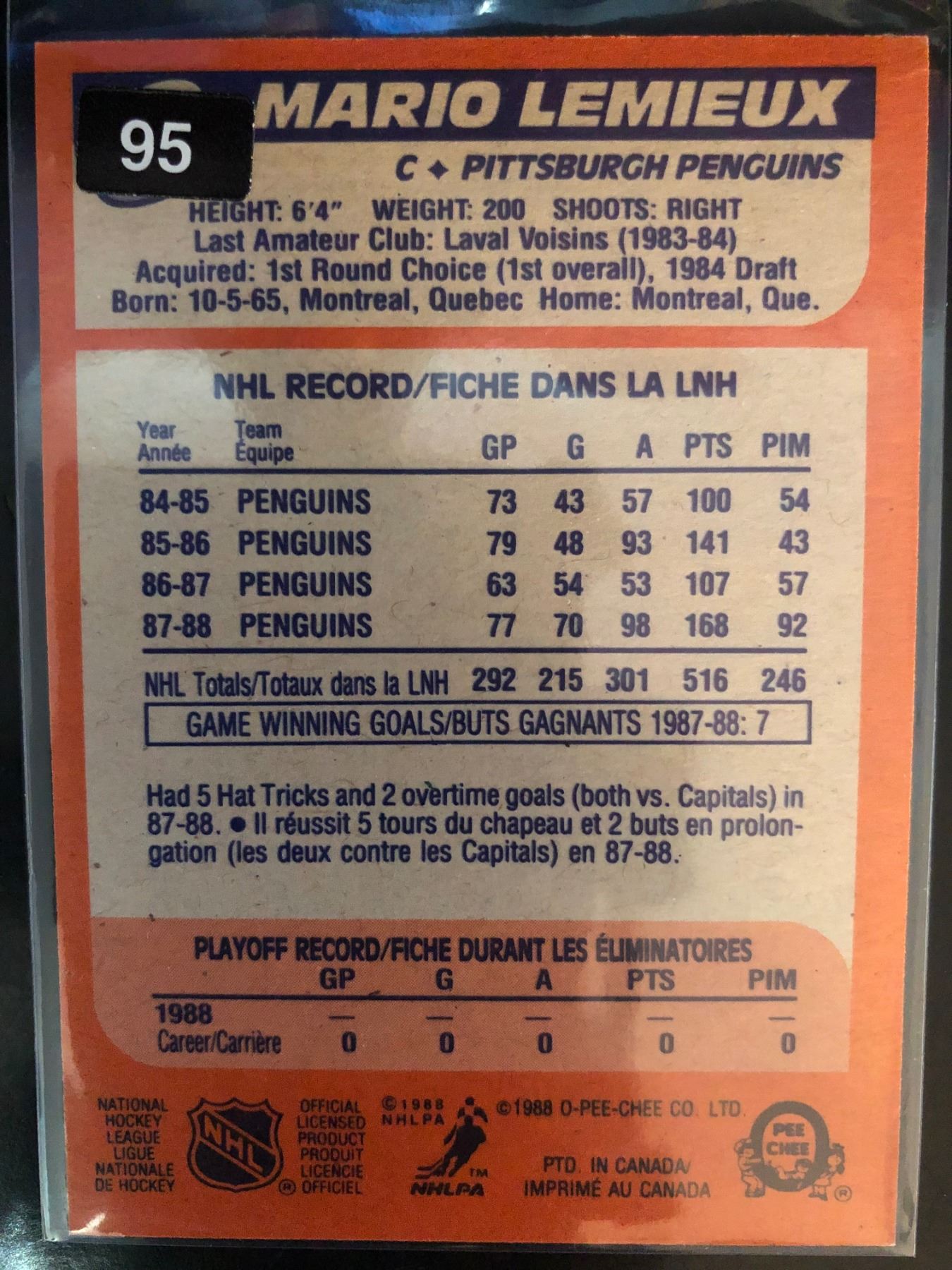 1988 89 O Pee Chee Mario Lemieux Card 1