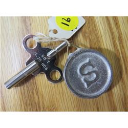 CLOCK KEY & 5 PENDULUM WEIGHTS