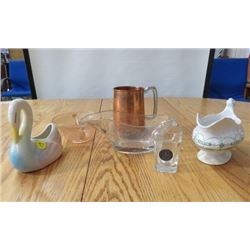 LOT OF 6 GLASS WARE (DEPRESSION ERA SUGAR, COPPER STIEN, CLEAR GRAVY BOAT, JOHNSTON BROS, SWAN, BATM