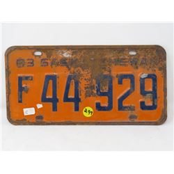 1963 SASKATCHWAN FARM LICENSE PLATE
