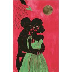 CHRIS OFILI     (b. 1968)     AFRO LUNAR LOVERS     lithograph on paper with gold leaf     19 x 11 1