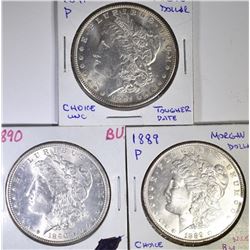 3 BU MORGAN DOLLARS  1889, 90, 91