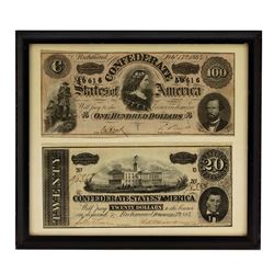 Framed Lot of 1864 $20 & $100 Confederate States of America Note