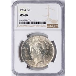 1924 $1 Peace Silver Dollar Coin NGC MS60