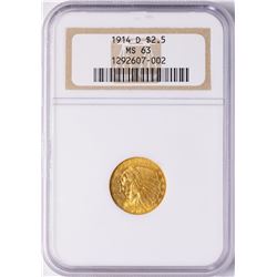 1914-D $2 1/2 Indian Head Quarter Eagle Gold Coin NGC MS63