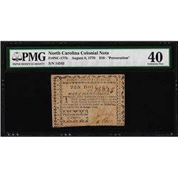 August 8, 1778 $10 North Carolina Colonial Currency Note PMG Extremely Fine 40