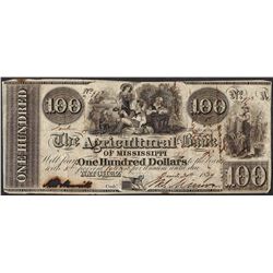1839 $100 Agricultural Bank of Mississippi Natchez Obsolete Note