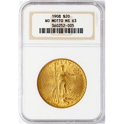 1908 NM $20 St. Gaudens Double Eagle Gold Coin NGC MS63