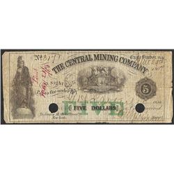 1864 $5 The Central Mining Company Eagle Harbor, Michigan Obsolete Note