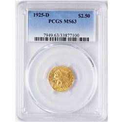 1925-D $2 1/2 Indian Head Quarter Eagle Gold Coin PCGS MS63