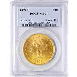 1892-S $20 Liberty Head Double Eagle Gold Coin PCGS MS61