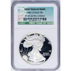 1986-S $1 Proof American Silver Eagle Coin NGC PF69 Ultra Cameo First Year of Is