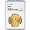 Image 1 : 1924 $20 St. Gaudens Double Eagle Gold Coin NGC MS63