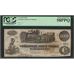 1862 $100 Confederate States of America Note T-39 PCGS About New 58PPQ