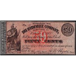 1849 Fifty Cents The Hydeville Company Obsolete Note