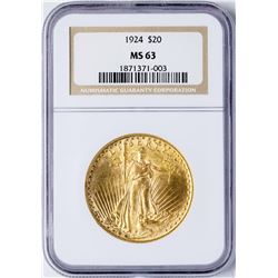 1924 $20 St. Gaudens Double Eagle Gold Coin NGC MS63