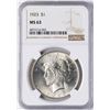 Image 1 : 1923 $1 Peace Silver Dollar Coin NGC MS63