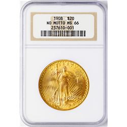 1908 NM $20 St. Gaudens Double Eagle Gold Coin NGC MS66