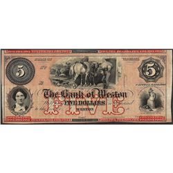 1800's $5 The Bank of Weston Virginia Obsolete Note