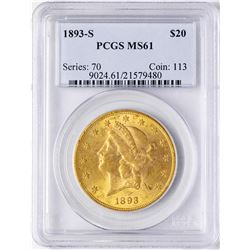 1893-S $20 Liberty Head Double Eagle Gold Coin PCGS MS61