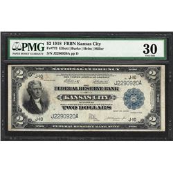1918 $2 Battleship Federal Reserve Bank Note Kansas City Fr.775 PMG Very Fine 30