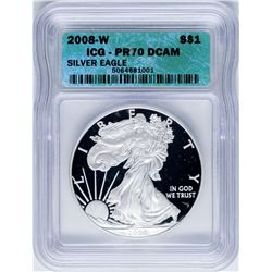 2008-W $1 Proof American Silver Eagle Coin ICG PR70DCAM