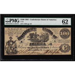 1861 $100 Confederate States of America Note T-13 PMG Uncirculated 62