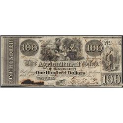 1839 $100 Agricultural Bank of Mississippi Natchez Obsolete Note