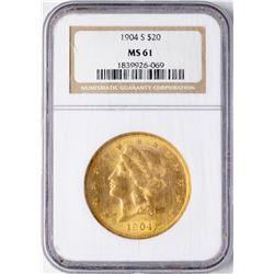 1904-S $20 Liberty Head Double Eagle Gold Coin NGC MS61