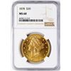 Image 1 : 1878 $20 Liberty Head Double Eagle Gold Coin NGC MS60