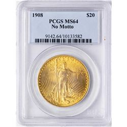 1908 No Motto $20 St. Gaudens Double Eagle Gold Coin PCGS MS64