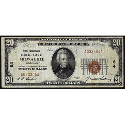 1929 $20 Milwaukee, WI CH# 64 National Currency Note