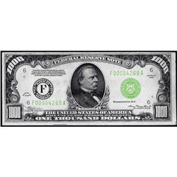 1934 $1,000 Federal Reserve Note Atlanta Light Green Seal Stained Reverse