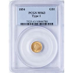 1854 Type 1 $1 Liberty Head Gold Dollar Coin PCGS MS63