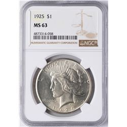 1925 $1 Peace Silver Dollar Coin NGC MS63