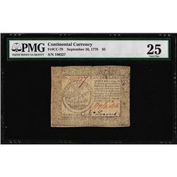 September 26, 1778 $5 Continental Currency Note Fr. CC-79 PMG Very Fine 25