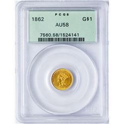 1862 Type 3 $1 Indian Princess Head Gold Dollar Coin PCGS AU58