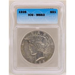 1928 $1 Peace Silver Dollar Coin ICG MS63