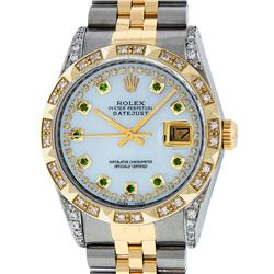 Rolex Mens 2 Tone 14K Lugs MOP Emerald String Pyramid Diamond Datejust