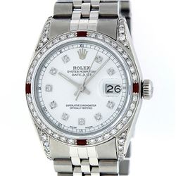 Rolex Mens Stainless Steel Diamond Lugs & Ruby Datejust Wristwatch