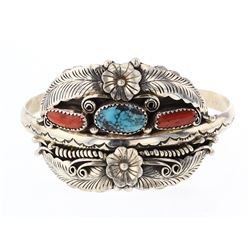 BJ Vintage Turquoise & Coral Leaf & Flower Design